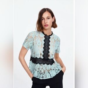 Zara sage green +Black Lace blouse